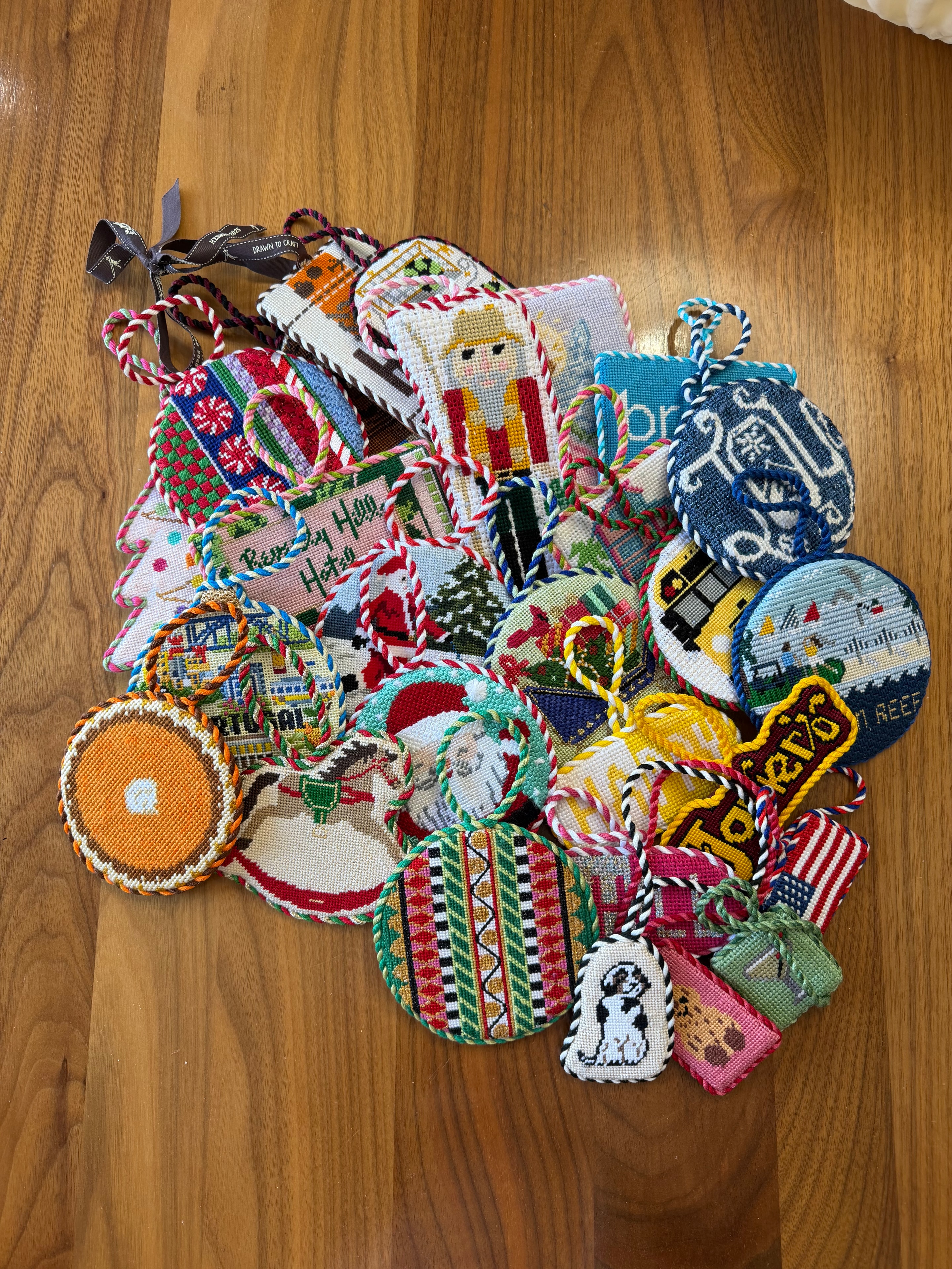 Colorful finished needlepoint ornaments